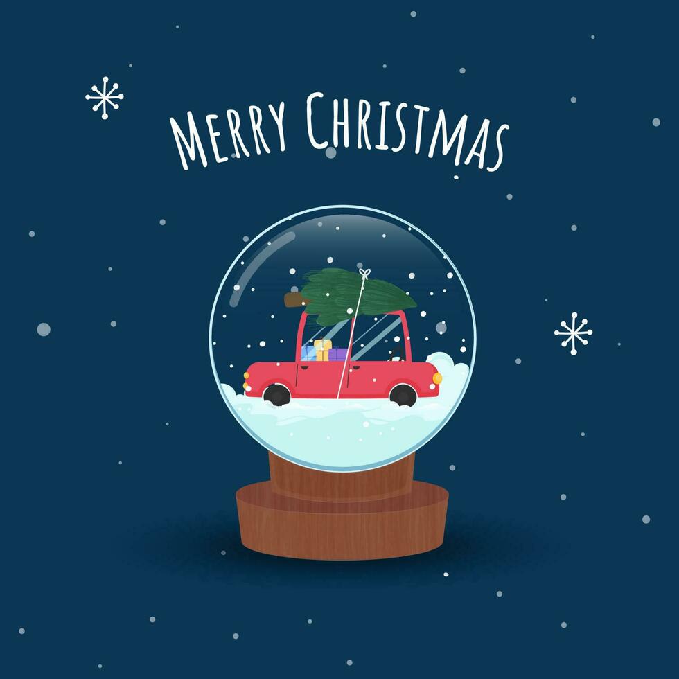Merry Christmas Concept With Car Or Taxi Full Of Gift Boxes And Xmas Tree Inside Snow Globe On Blue Background. vector