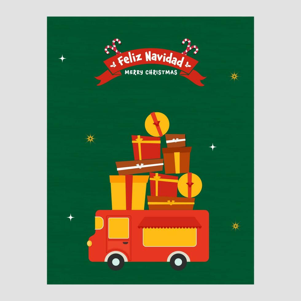 Español letras de alegre Navidad con regalo caja apilar terminado camión puesto en verde antecedentes. vector