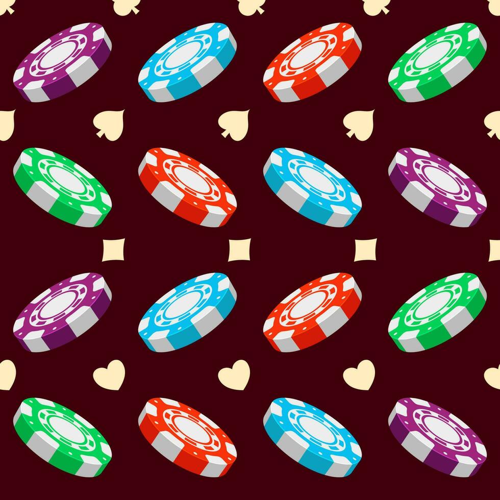 3D Colorful Poker Chips And Card Suits Seamless Pattern Background. vector