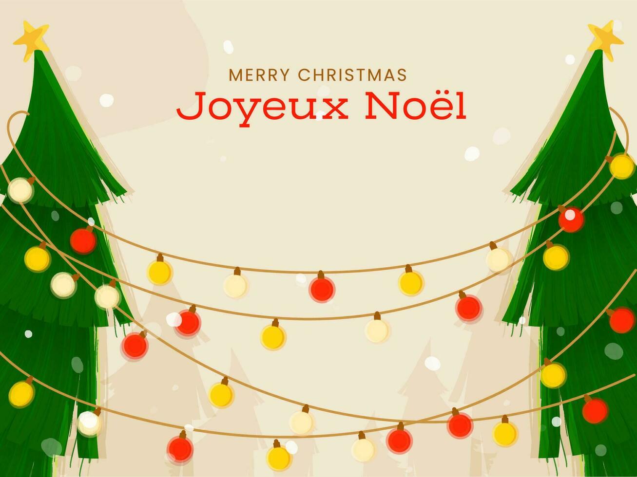 Merry Christmas Font In French Language With Xmas Or Fir Trees Decorated By Lighting Or Bauble Garland On Beige Background. vector