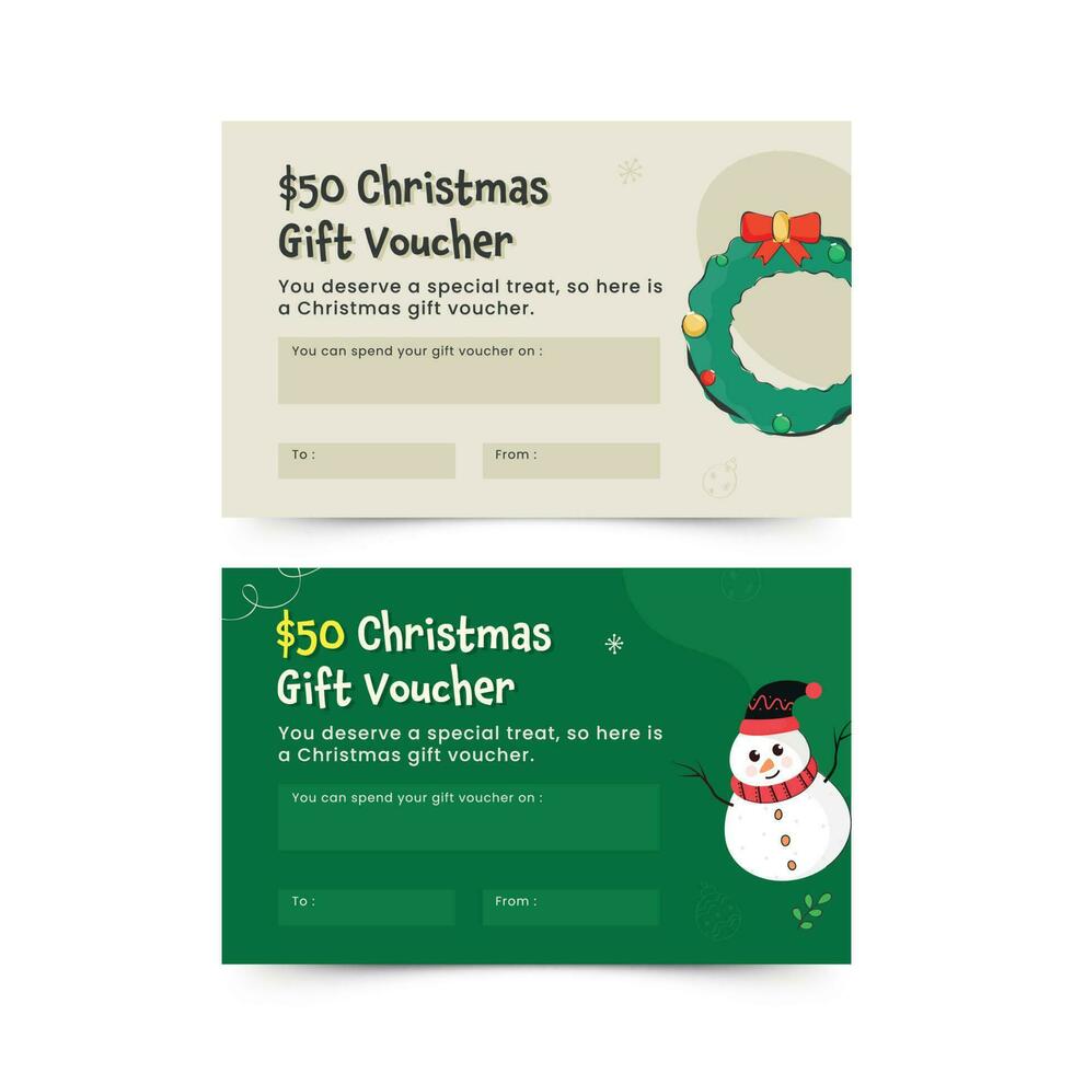 Christmas Gift Card Or Voucher Design In Green And Gray Color Options. vector