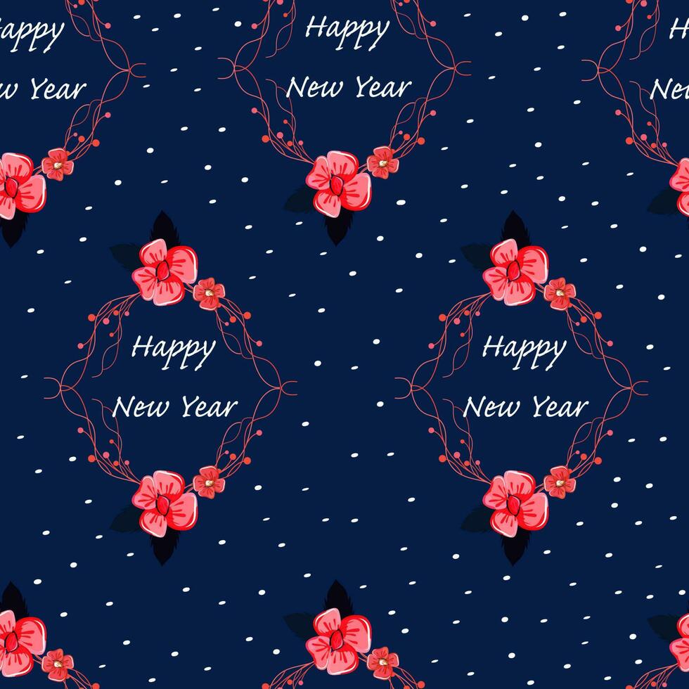 Happy New year Font With Beautiful Flowers And Dots Decorated On Blue Background. vector