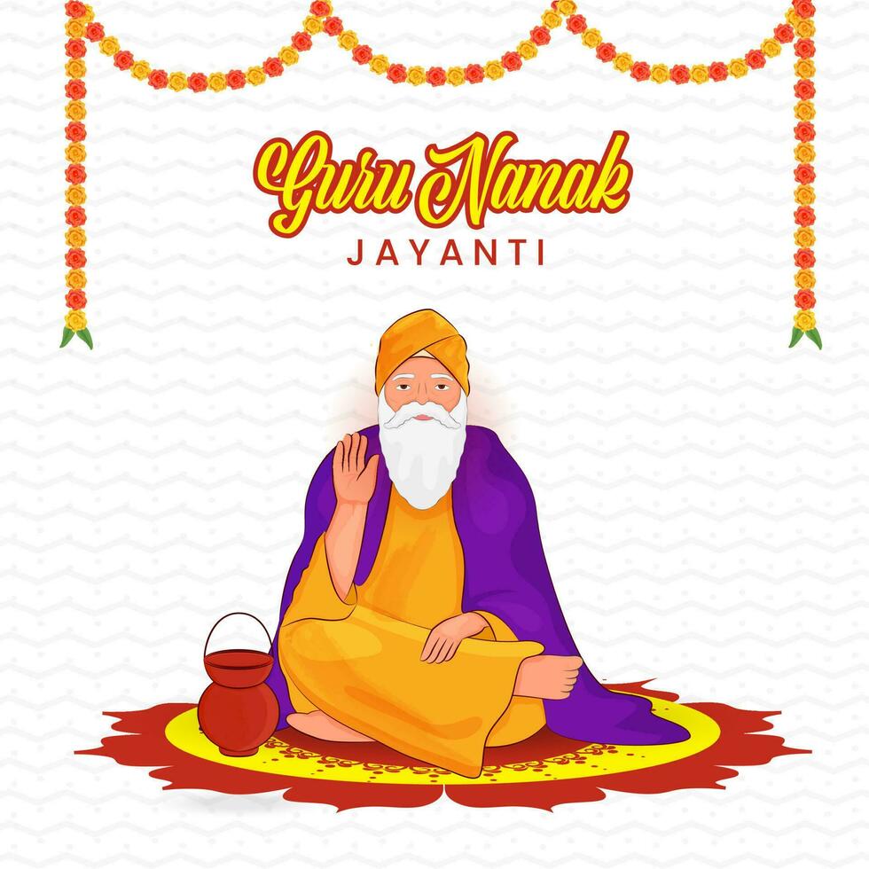 Happy Guru Nanak Jayanti Poster Design With Character Of Guru Nanak Dev Ji Sitting On Mandala Pattern And White Zigzag Stripe Background. vector