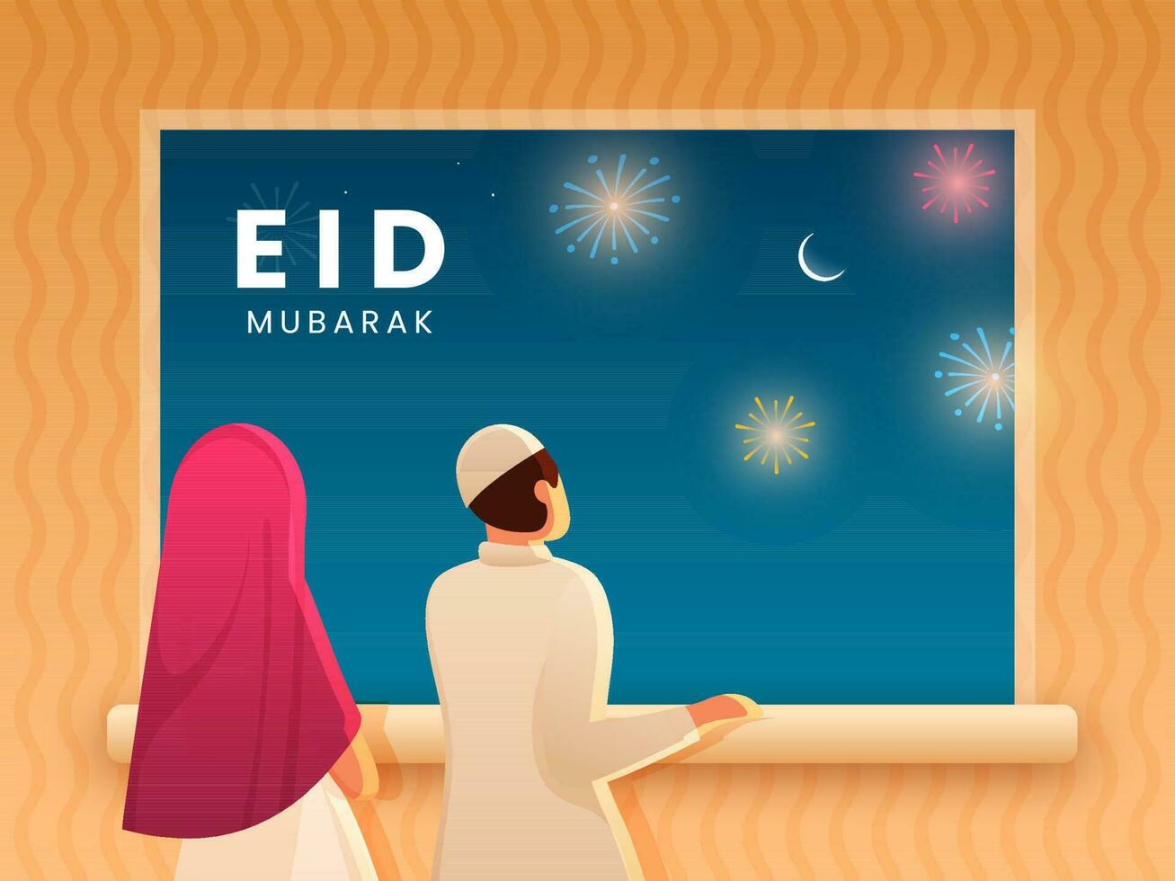 Eid Mubarak Celebration Background With Back View Of Muslim Man And Woman Watching Out Of Window. vector