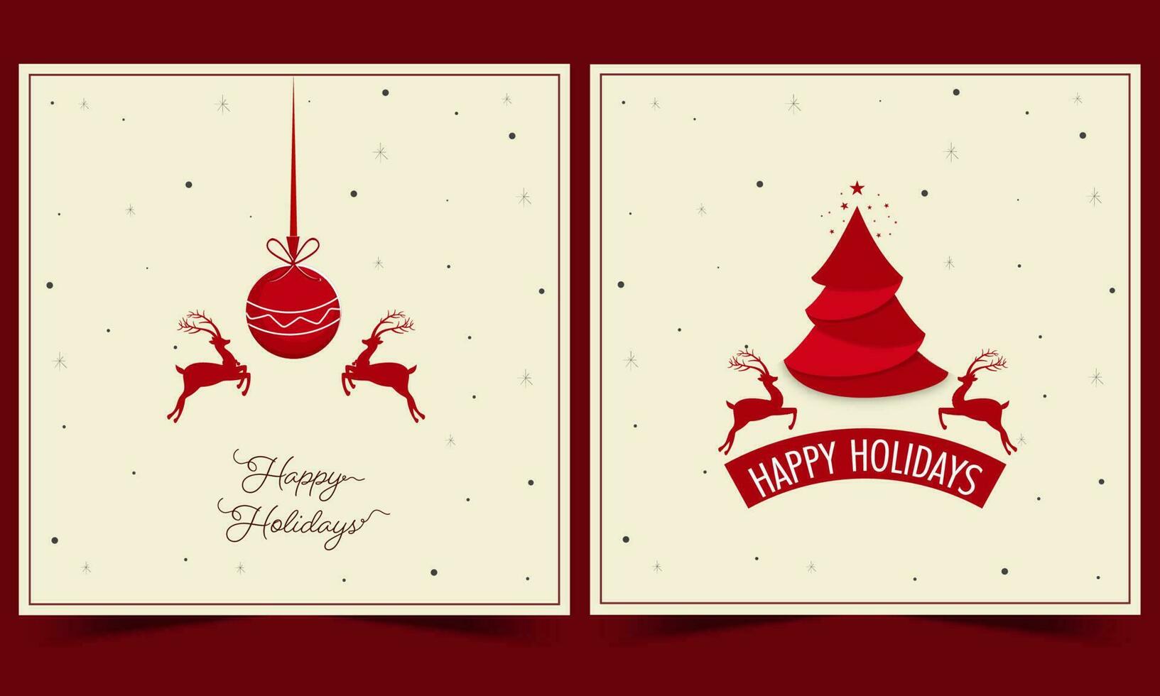 Happy Holidays Greeting Cards With Paper Style Xmas Tree, Silhouette Reindeer And Baubles Hang On Pastel Yellow Background. vector