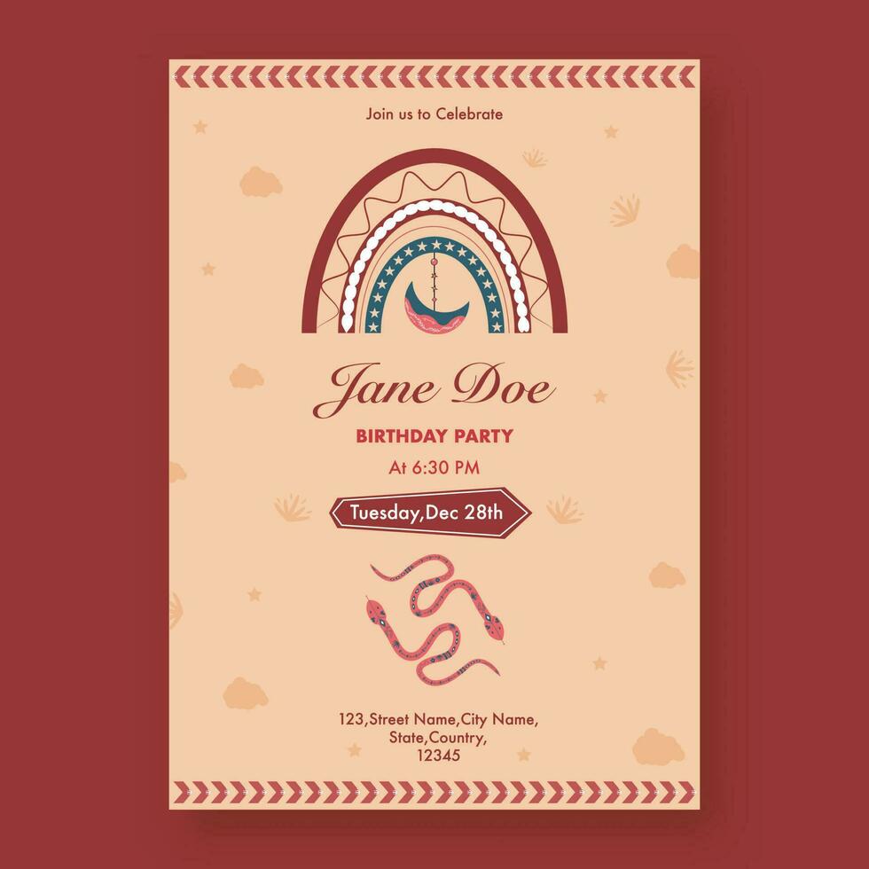Vintage Birthday Party Flyer Design With Event Details On Red Background. vector