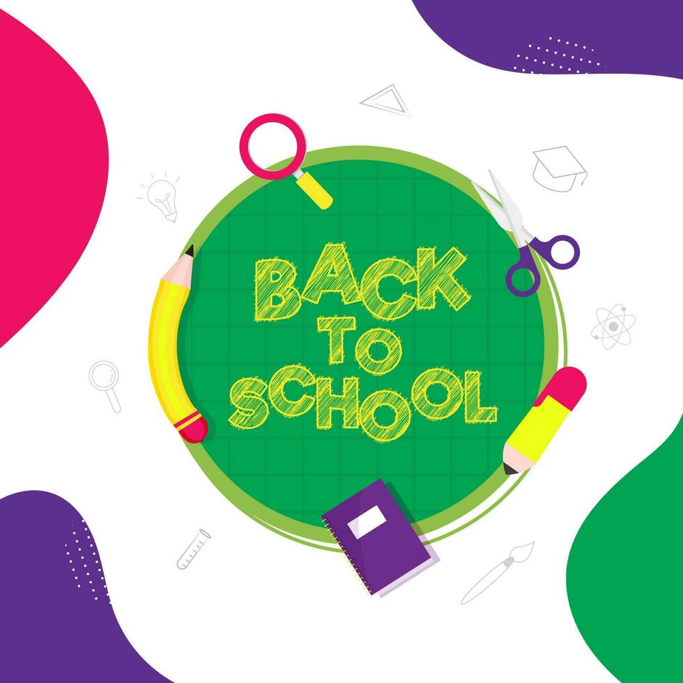 Scribble Style Back To School Font With Supplies Elements On White Background. vector