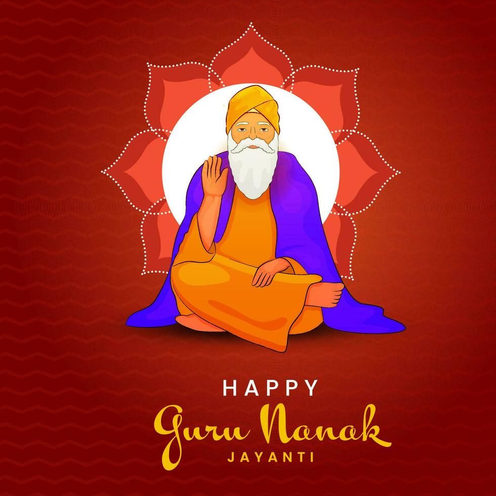 Happy Guru Nanak Jayanti Concept With Character Of Guru Nanak Dev Ji On Red Zigzag Stripe Background. vector