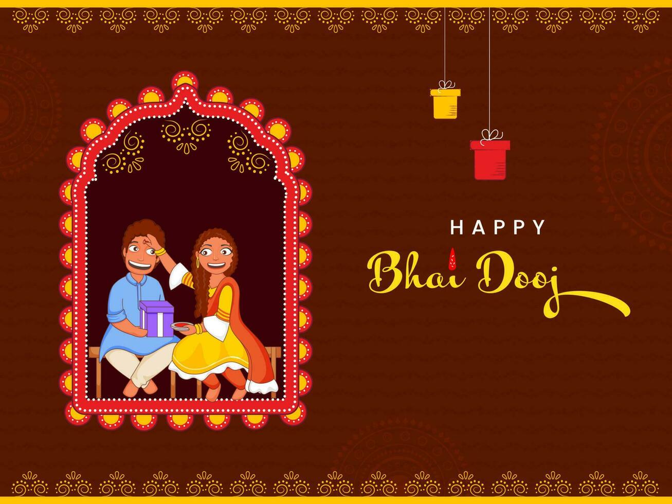 Cheerful Sister Applying Tilak Or Mark To Forehead Of Her Brother On Brown Background For Happy Bhai Dooj Festival. vector