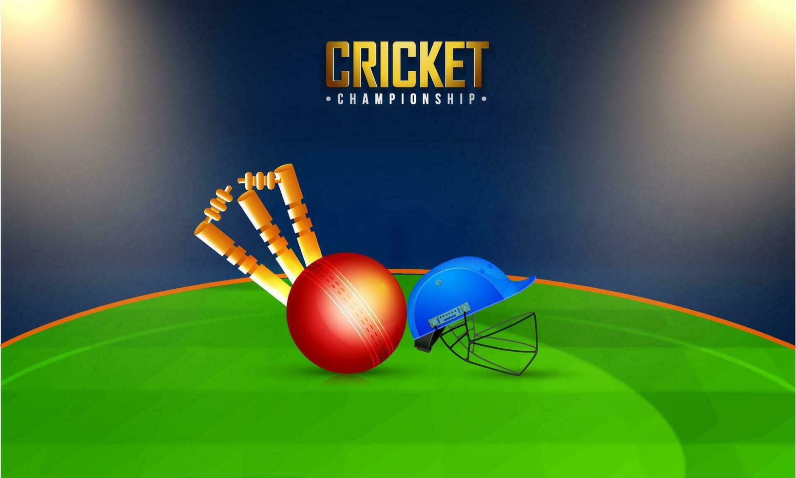 Cricket Championship Banner Design With 3D Red Ball, Wicket Stumps, Helmet On Green And Blue Playground View. vector