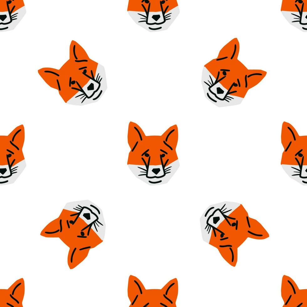 Seamless pattern with Fox head illustration in minimalist cutting style on white background vector