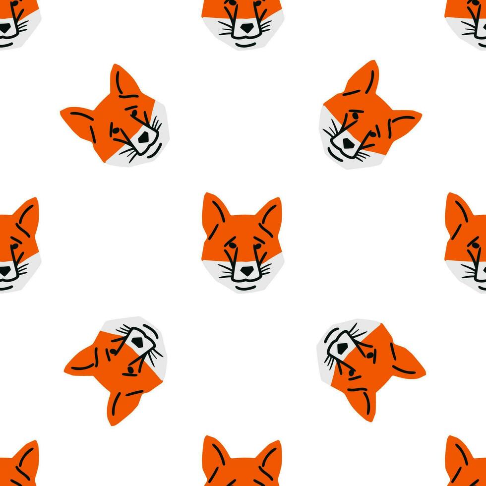 Seamless pattern with Fox head illustration in minimalist cutting style on white background vector