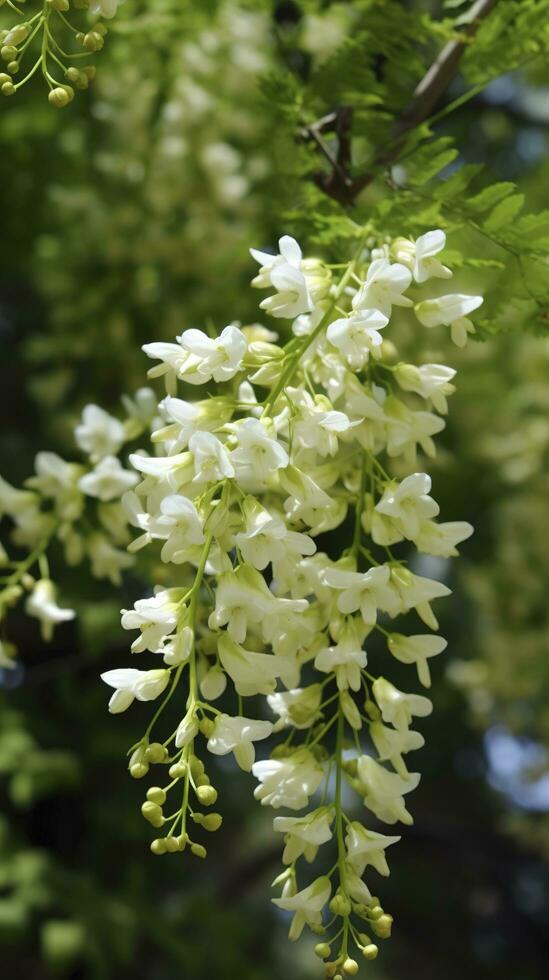 The green Sophora japonica trees are full of white Sophora japonica flowers, generate ai photo