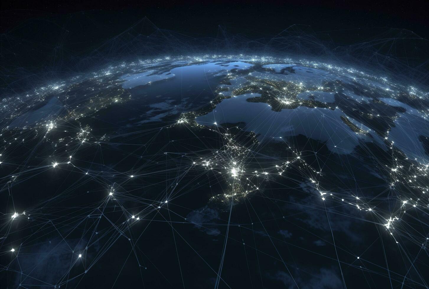 Global network on Earth concept. 3D rendering, World map point. Big data analytics and business concept, world map point and line composition concept of global business, generate ai photo