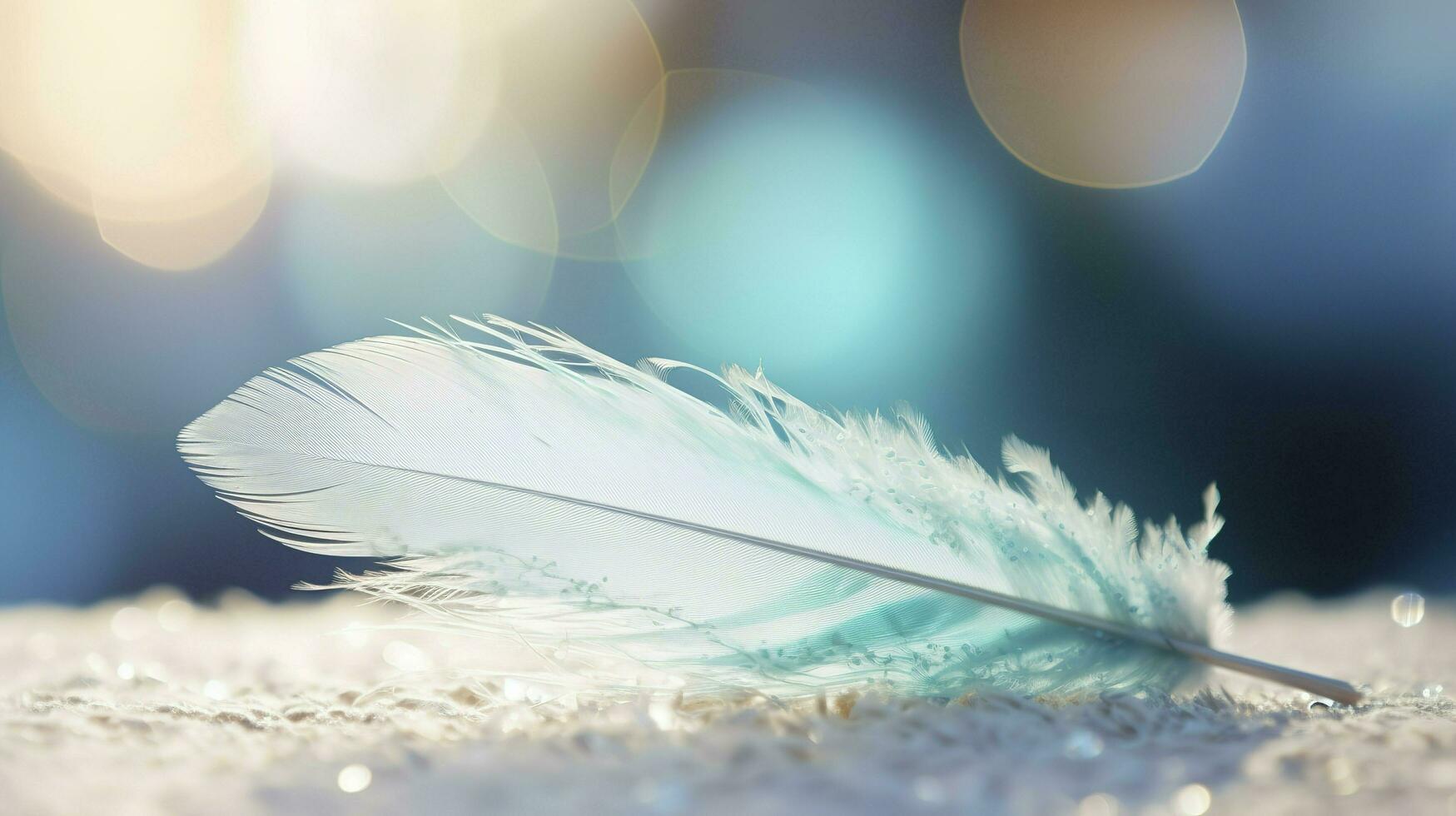 a bright blue background with one white feather, in the style of soft and dreamy pastels, glimmering light effects, nature inspired imagery, fairycore, soft focal points, generate ai photo