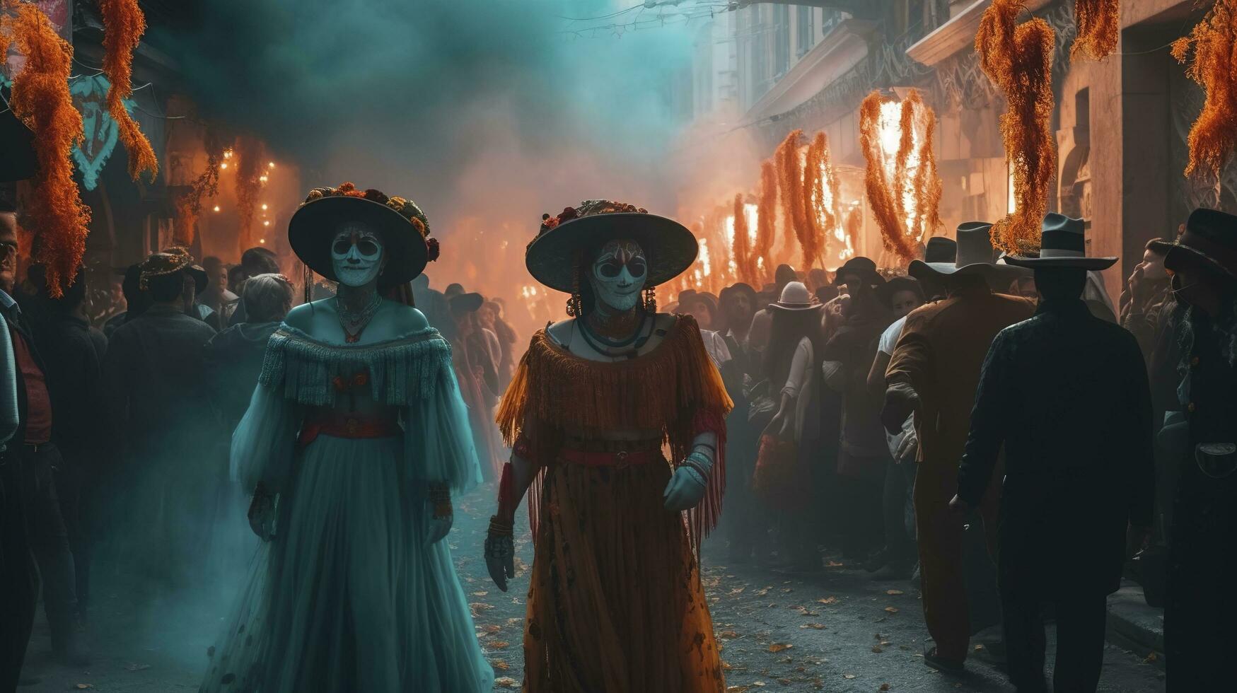 día de el muerto calaveras dia Delaware los muertos. día de el muerto y mexicano Víspera de Todos los Santos antecedentes. mexicano tradicion festival. día de el muerto azúcar cráneo. dia Delaware los muertos, generar ai foto