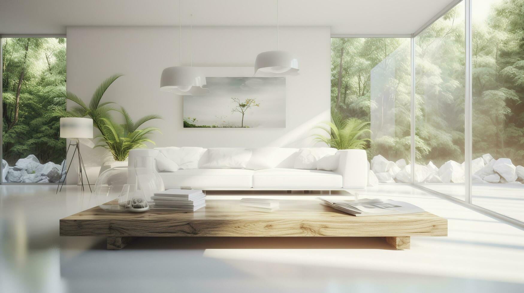a futuristic white minimal interior of a living room, luxurious interior, extra large sofa design, tropical plants, view overlooking the natural landscape, and modern swimming pool, generate ai photo