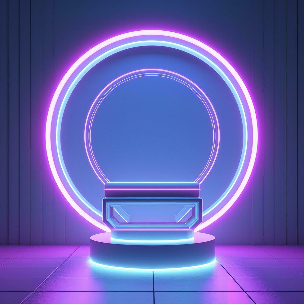 Empty neon lights round frame podium floating in the air with purple neon rings on background and hologram of digital rings on a floor, generate ai photo