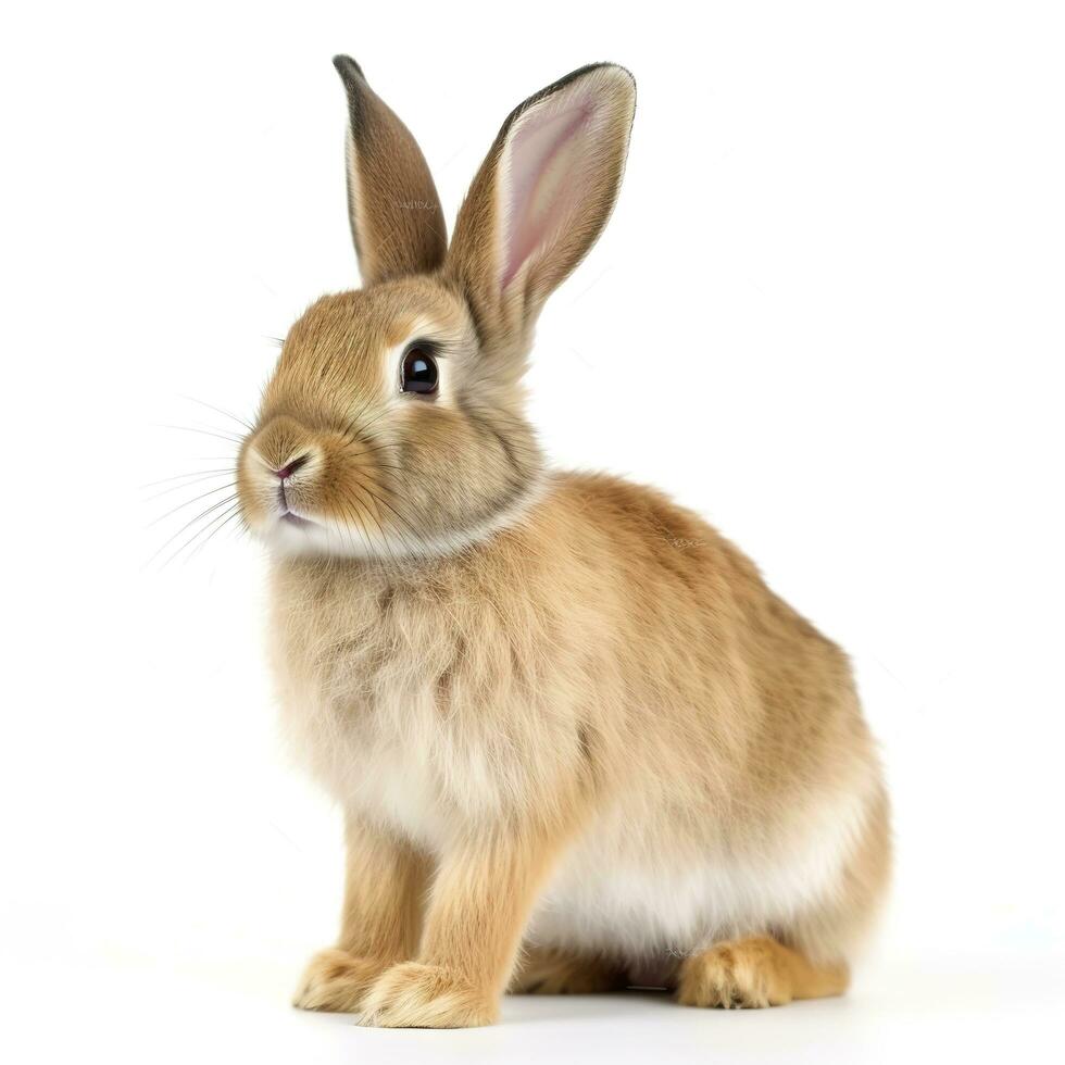 The funny rabbit is standing on its hind legs isolated on white background, generate ai photo