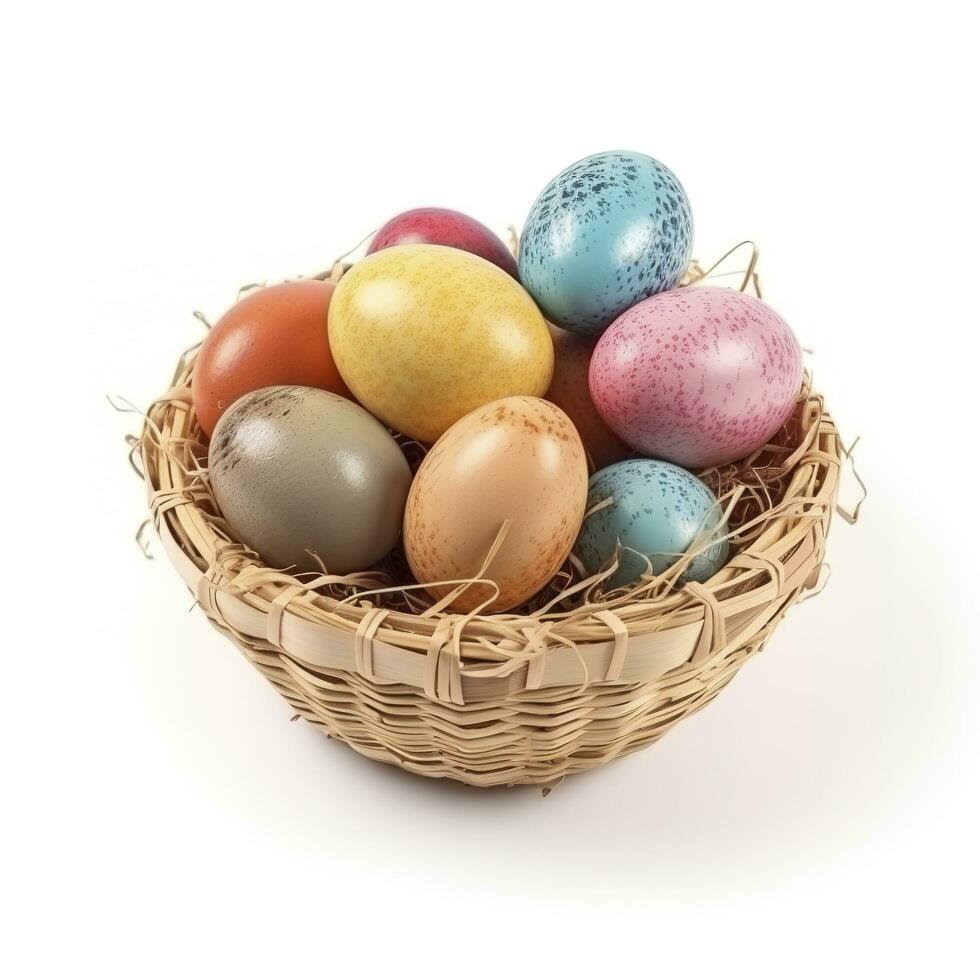 Colorful easter eggs in basket isolated on white background, generate ai photo