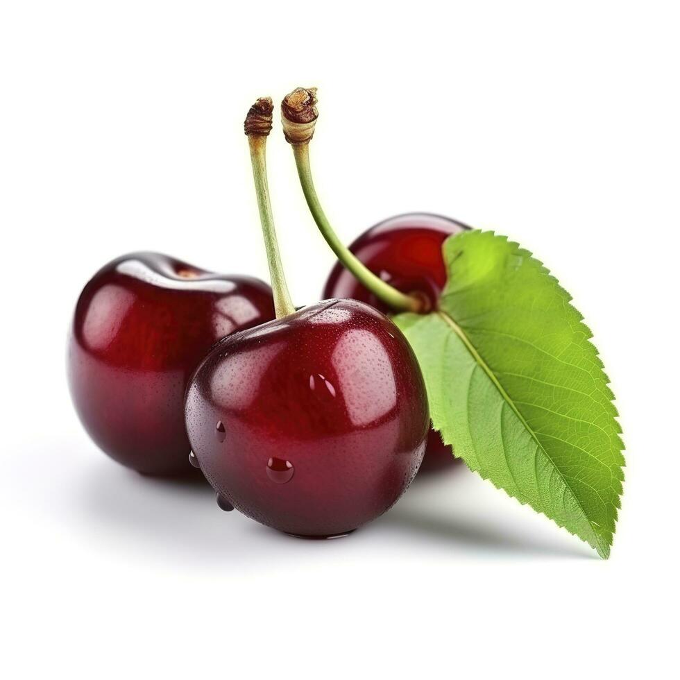 Cherry with leaf isolated on white background, generate ai photo