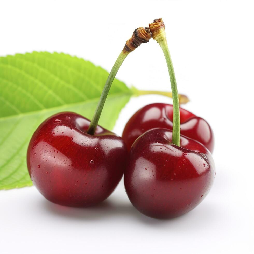 Cherry with leaf isolated on white background, generate ai photo