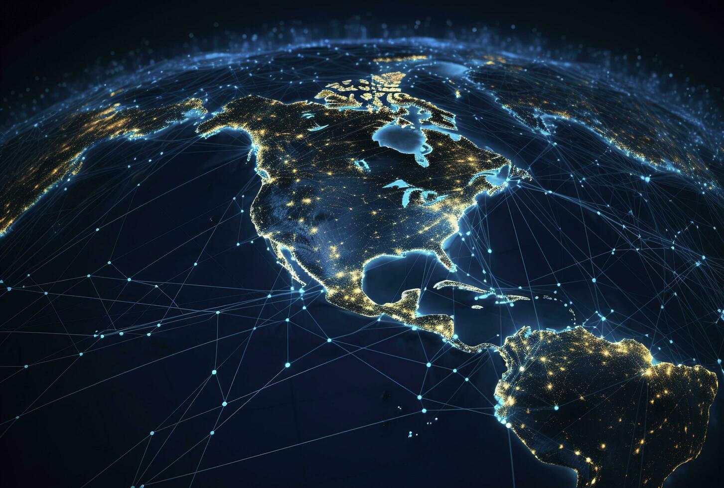 Global network on Earth concept. 3D rendering, World map point. Big data analytics and business concept, world map point and line composition concept of global business, generate ai photo