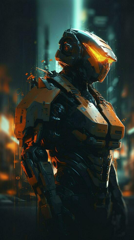 a robot armoured with orange and black lights, in the style of anime art, wlop, sharp lines, 8k resolution, the new fauves, exaggerated poses, generate ai photo