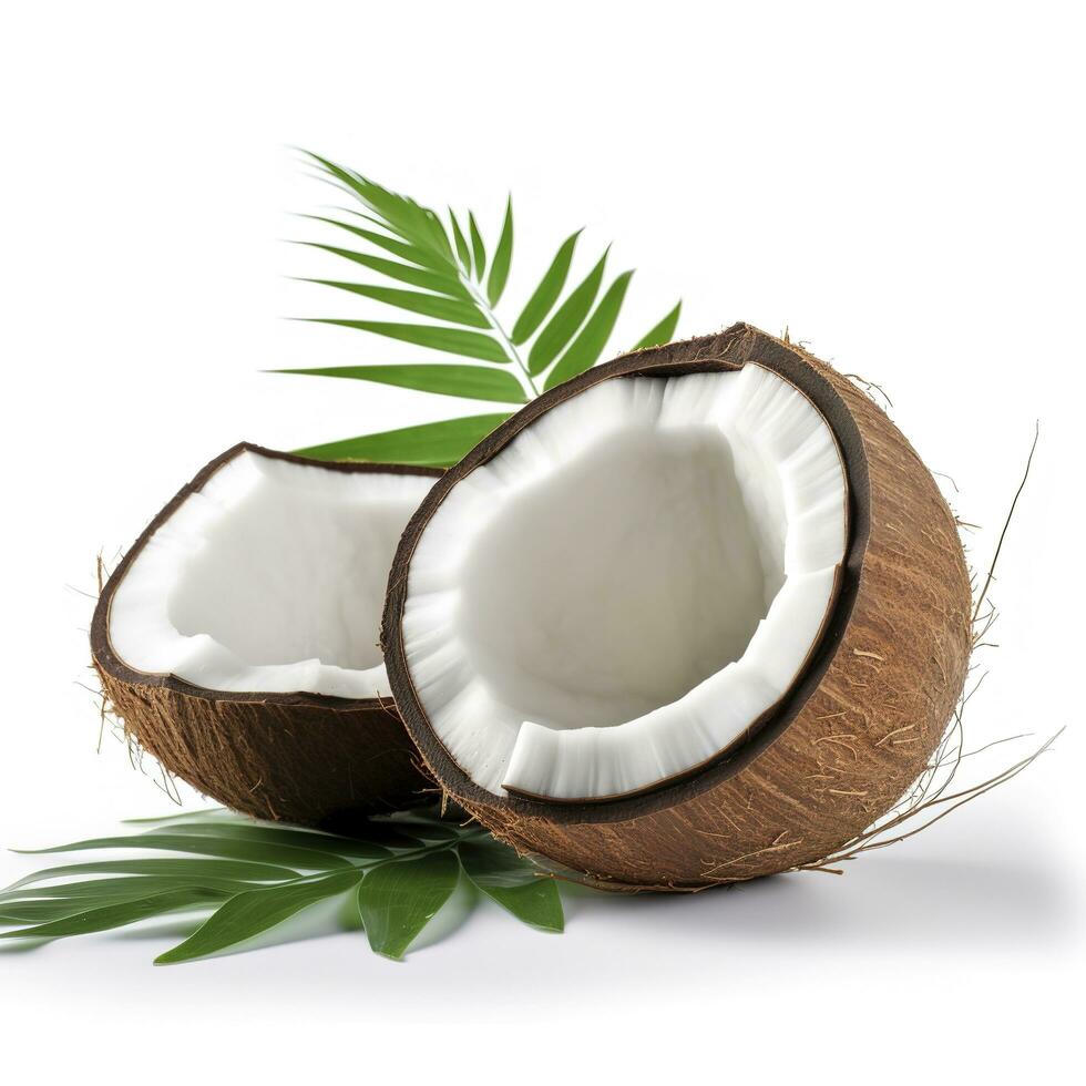 Coconut with half and leaves on white background, generate ai photo