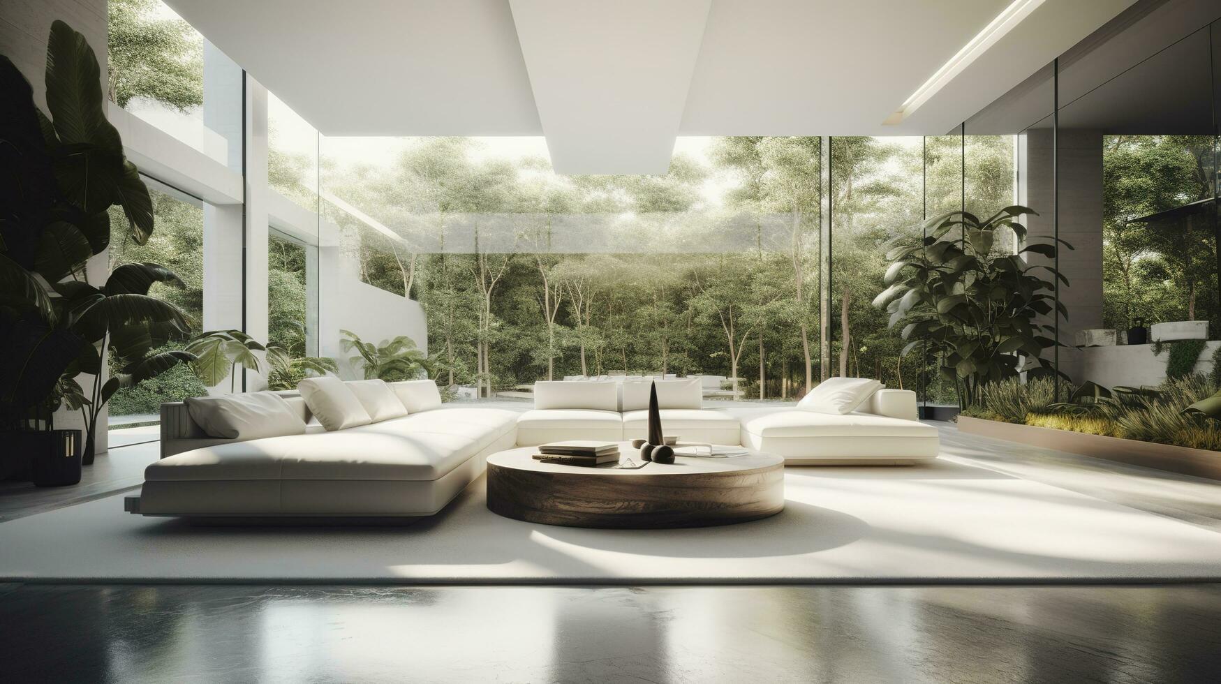 un futurista blanco mínimo interior de un vivo habitación, lujoso interior, extra grande sofá diseño, tropical plantas, ver con vista a el natural paisaje, y moderno nadando piscina, generar ai foto