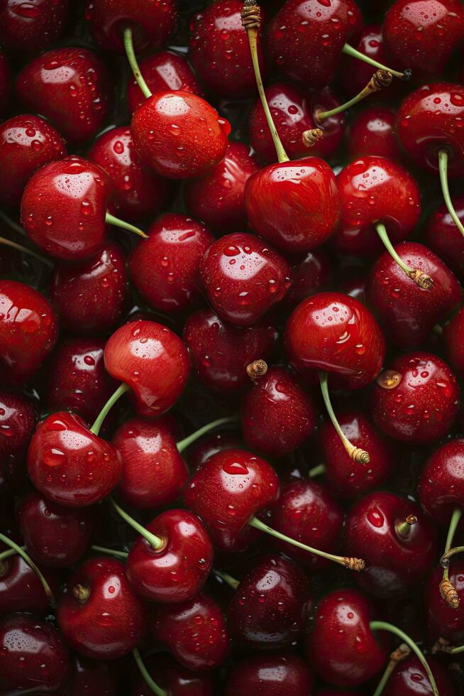 un montón de maduro rojo cerezas, visible gotas de agua fondo, generar ai foto