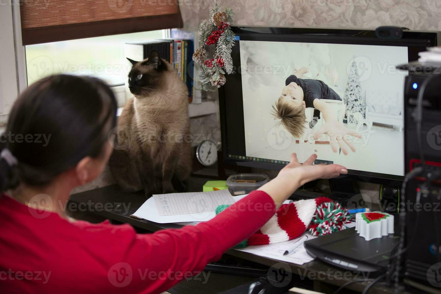 The woman is sitting at the table and talking by video link with the boy on the computer. Staying at home, quarantine and social distancing during the New Years. photo