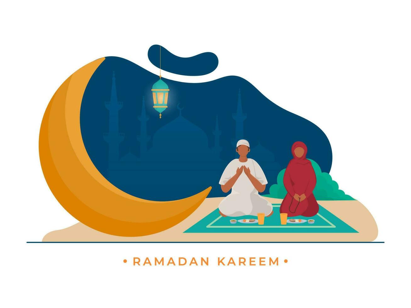 Cartoon Muslim Couple Doing Prayer Before Food With Crescent Moon And Hanging Lantern On Abstract Silhouette Mosque Background For Ramadan Kareem Celebration. vector