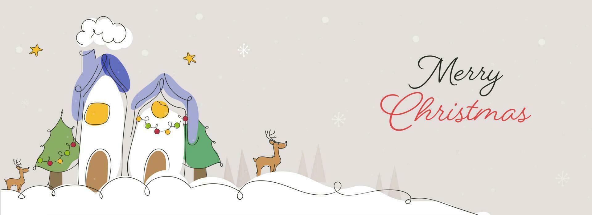 Merry Christmas Banner Or Header Design With Doodle Style Two Home, Reindeer And Xmas Tree On Beige Background. vector