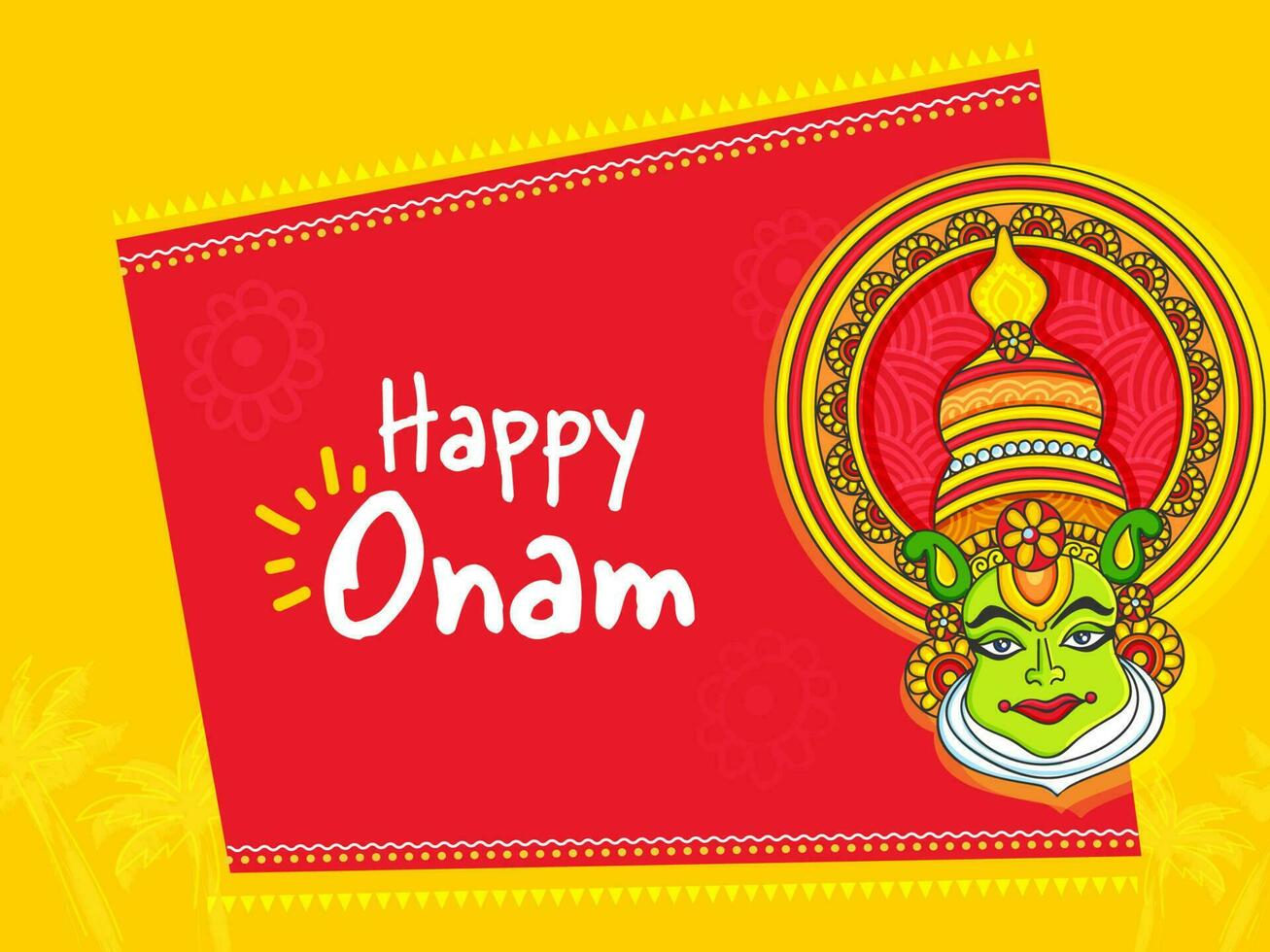 Happy Onam Celebration Concept With Kathakali Dancer Face On Red And Yellow Background. vector