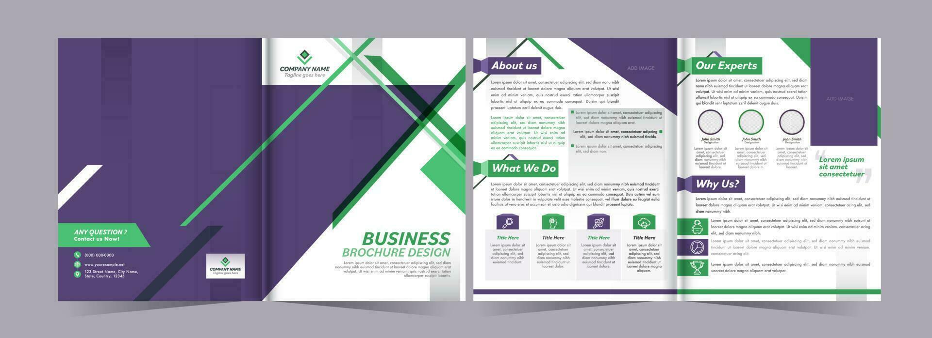 Front And Back View Of Bi-Fold Business Brochure Template, Annual Report Design. vector