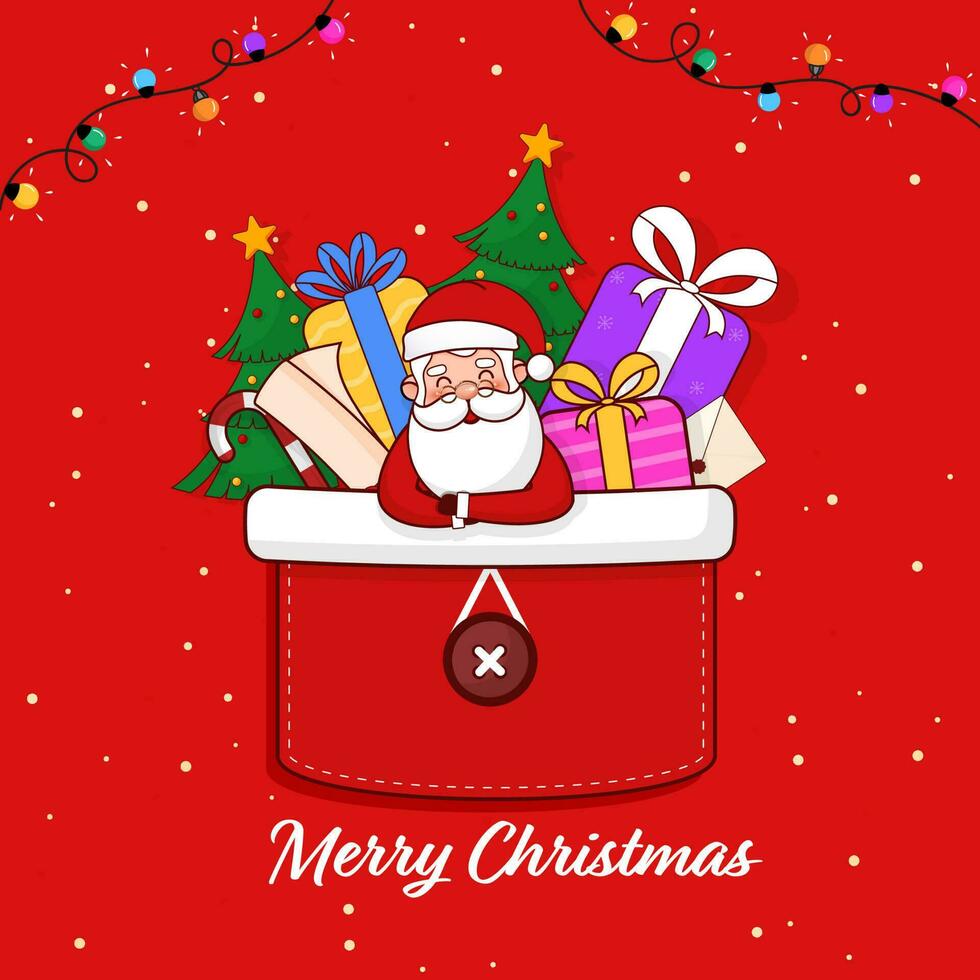 Merry Christmas Celebration Concept With Cute Santa Claus, Gift Boxes, Candy Cane And Xmas Tree In Pocket Patch On Red Background. vector