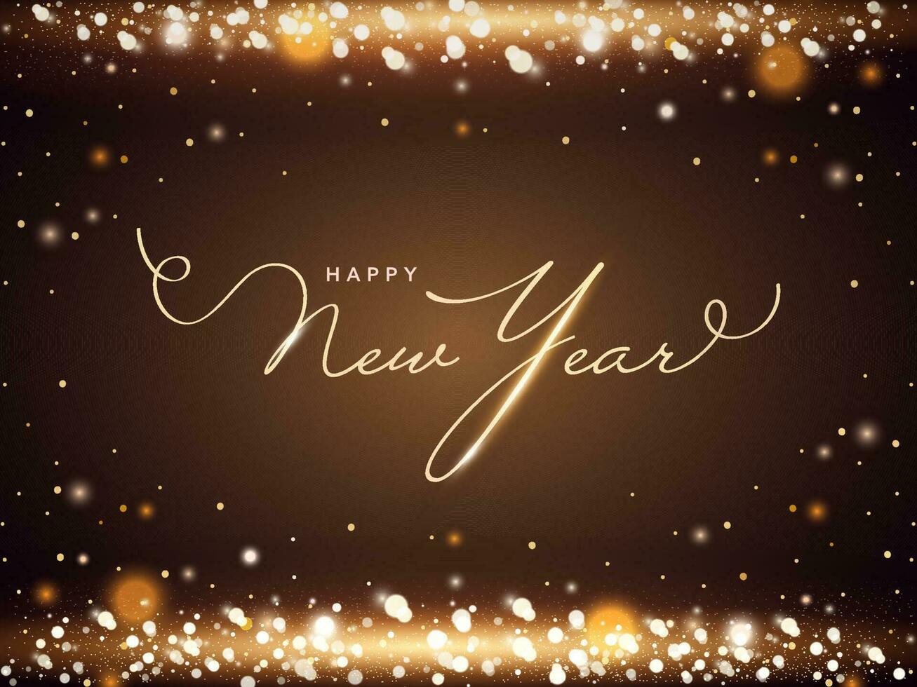 Golden Happy New Year Font On Brown Particles Background. vector