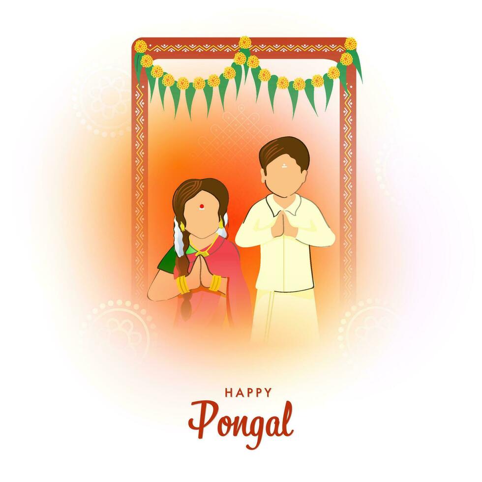 Happy Pongal Celebration Concept With Faceless South Indian Couple Giving Greets At Door On White And Orange Background. vector