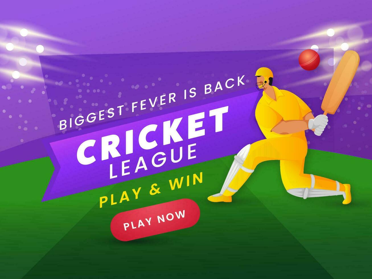 Biggest Fever Is Back Cricket League Based Poster Design With Batsman Player In Playing Pose On Purple And Green Lights Effect Background. vector