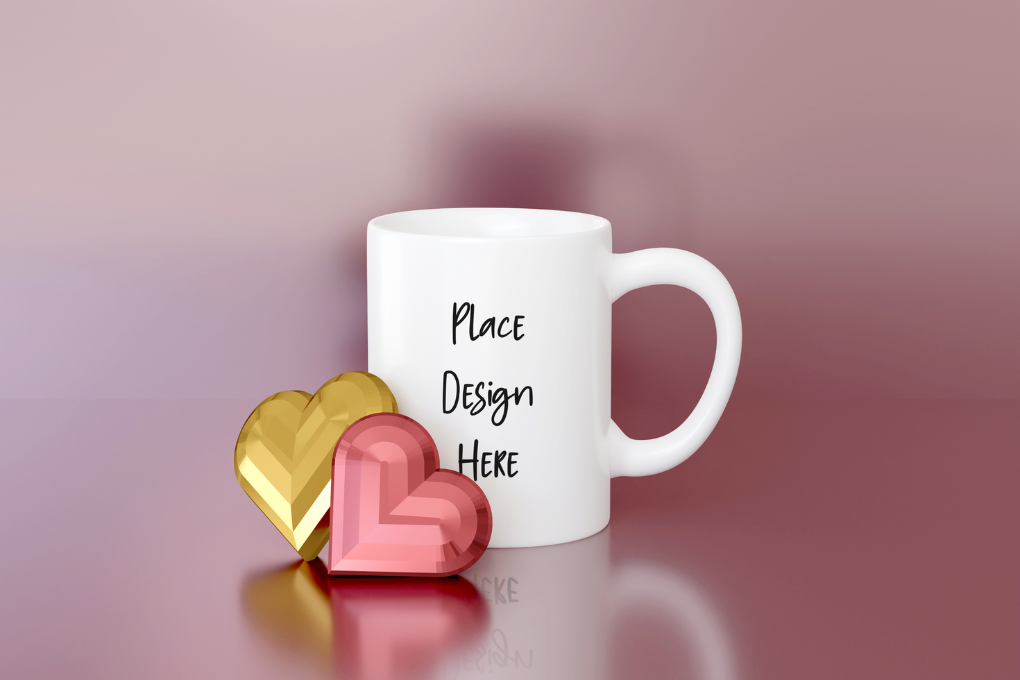 Blank 11oz coffee mug Valentines mockup with hearts. Tea cup template for logo presentation psd