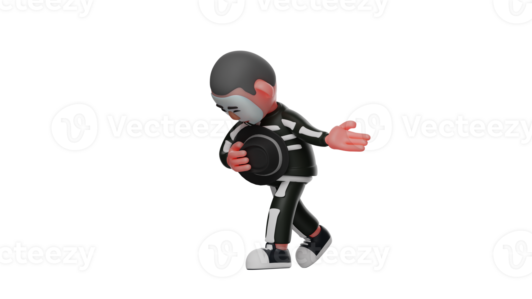 3D Illustration. Polite Skeleton 3D cartoon character. Sweet skeleton with a bent body to invite dancing. Cool skeleton looks very charming. 3D cartoon character png