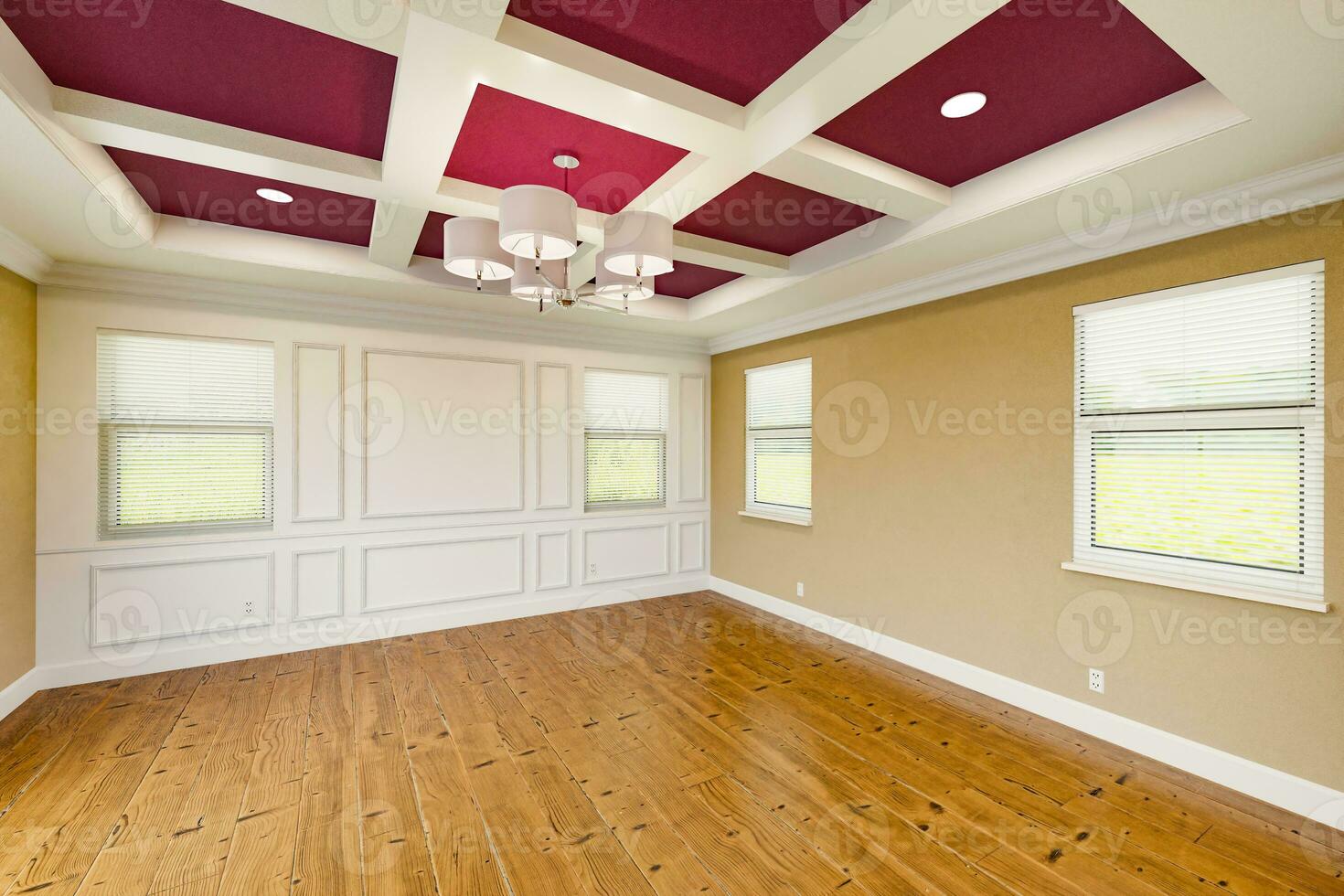 Beautiful Purple and Tan Custom Master Bedroom Complete with Entire Wainscoting Wall, Fresh Paint, Crown and Base Molding, Hard Wood Floors and Coffered Ceiling photo