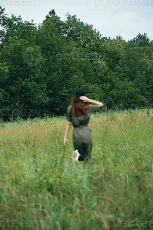 Woman in the field Walk fresh air travel back view photo