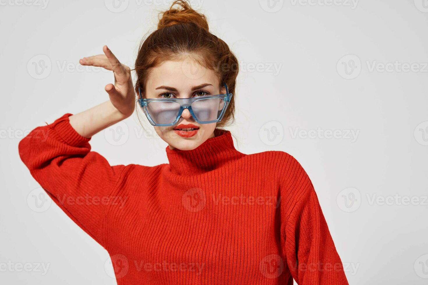 beautiful woman Red lips attractive look Studio fun model photo