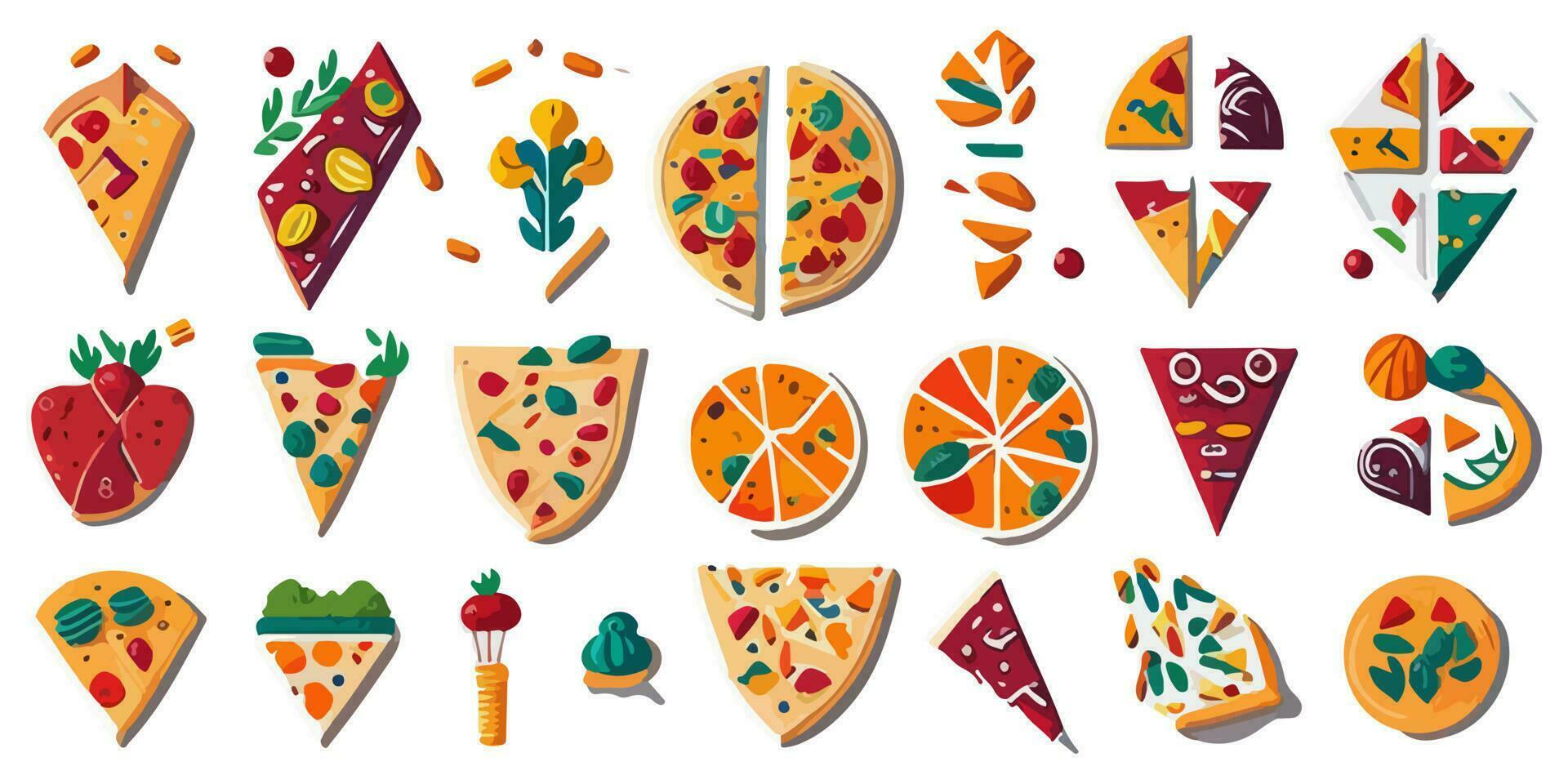 rápido comida volantes con un dibujos animados Pizza personaje y Fresco coberturas vector