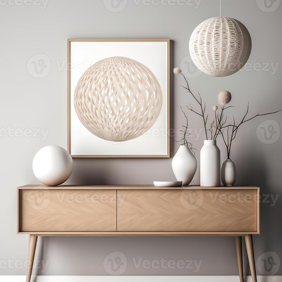 Mock up frame in home interior background, white room with natural wooden furniture, Scandi-Boho style. photo