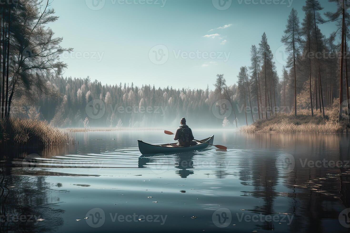 Rear view of kayaker man paddle kayak at sunset sea. Kayaking, canoeing, paddling. . photo