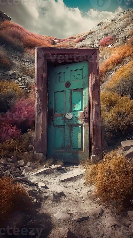 Fantasy enchanted fairy tale forest with a magical opening secret wooden door.The fairytale blue door with fairytale in paradise. . photo