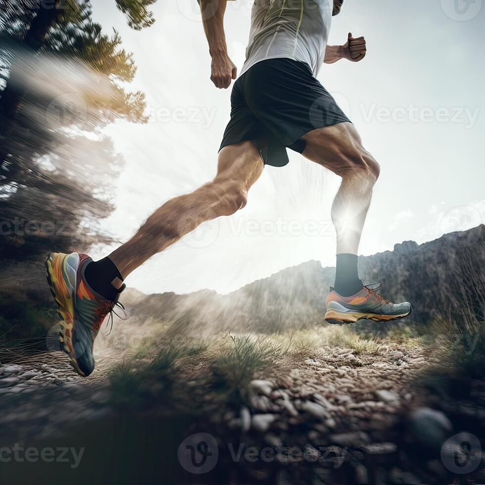 de cerca de un del corredor zapato en acción. uno pie en el suelo firmemente, y el otro lado levantado a preparar a subir y remontarse, correr. inexistente persona. generativo ai foto